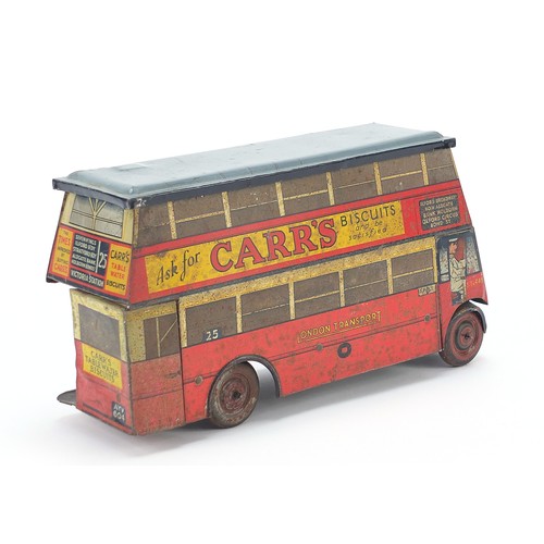 39 - Vintage Chad Valley Toys tinplate London Transport bus biscuit tin advertising Carr's biscuits, 25cm... 