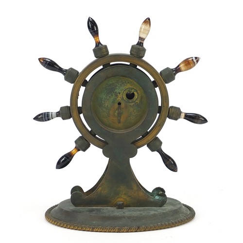 11 - 19th century gilt bronze ship's wheel design mantle clock with Scottish agate handles and Roman nume... 