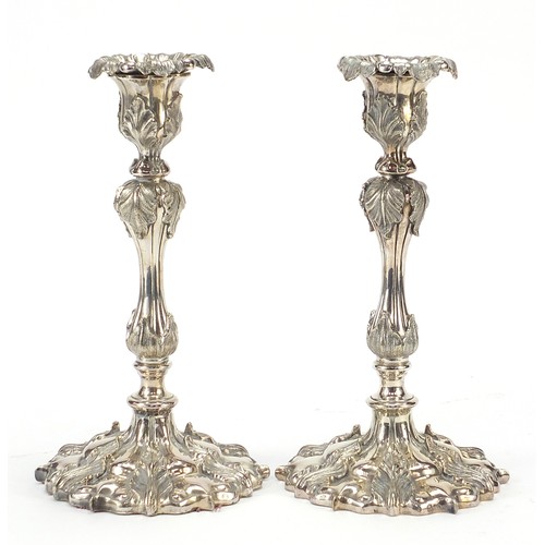 16 - Pair of 19th century classical silver plated acanthus leaf candlesticks, each 25.5cm high