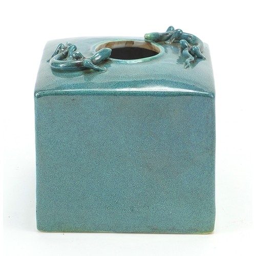 63 - Chinese porcelain brush pot with relief lizard decoration, having a spotted turquoise glaze, 10cm H ... 