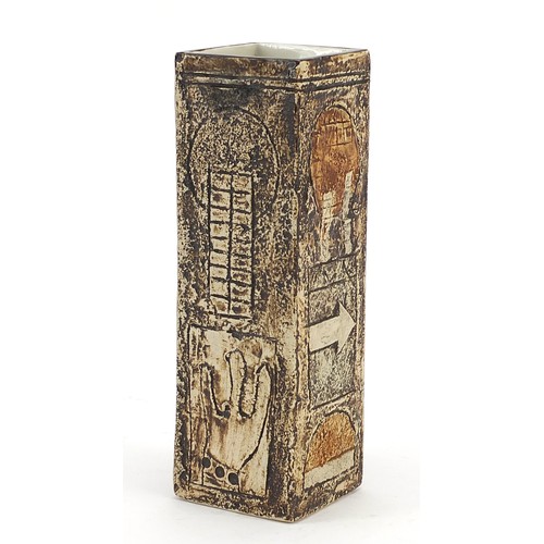 97 - Troika St Ives Pottery square section vase hand painted and incised with an abstract design, indisti... 