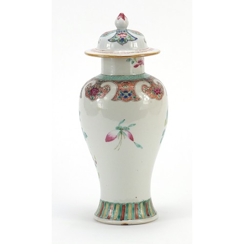 228 - Chinese porcelain baluster vase and cover hand painted in the famille rose palette with a bird among... 