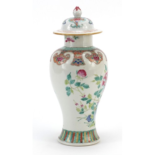 228 - Chinese porcelain baluster vase and cover hand painted in the famille rose palette with a bird among... 