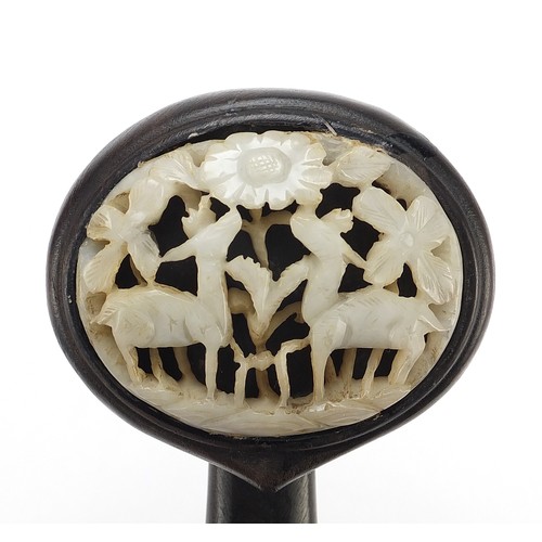 245 - Chinese hardwood ruyi sceptre inset with three white jade panels carved with deer, 38cm in length