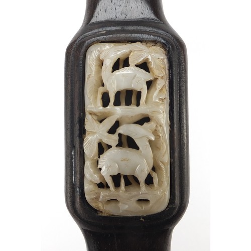 245 - Chinese hardwood ruyi sceptre inset with three white jade panels carved with deer, 38cm in length