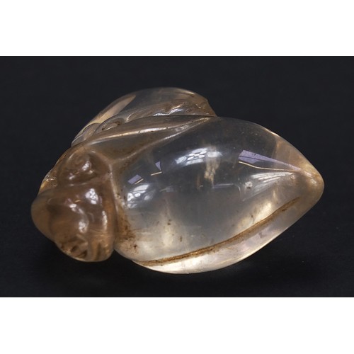 78 - Chinese rock crystal carving of a bat and two peaches, 4.5cm wide