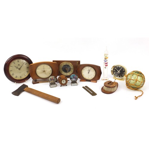 2274 - Sundry items including Art Deco mantle clocks and glass fishing float