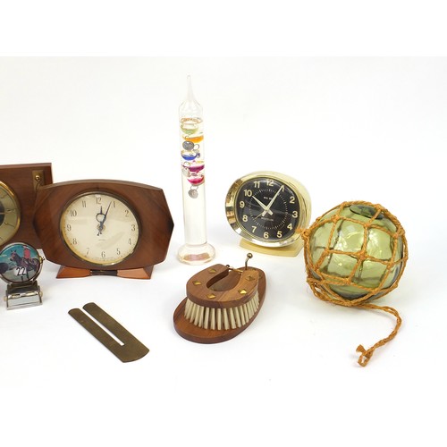 2274 - Sundry items including Art Deco mantle clocks and glass fishing float