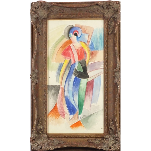 643 - Abstract portrait of a figure, watercolour, mounted, framed and glazed, 38cm x 19cm excluding the mo... 