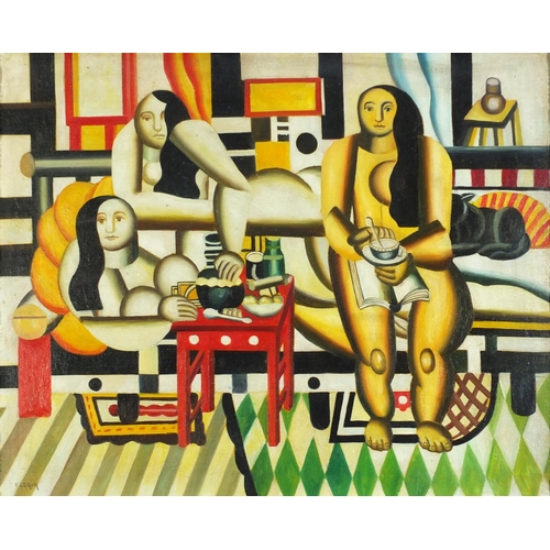 939 - Style of Fernand Leger - Abstract composition, three figures in an interior, French Impressionist oi... 