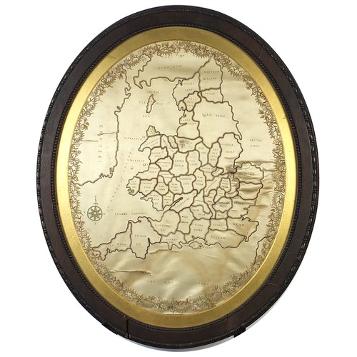 938 - Antique silk embroidered map of England, 55cm x 43cm excluding the mount and frame