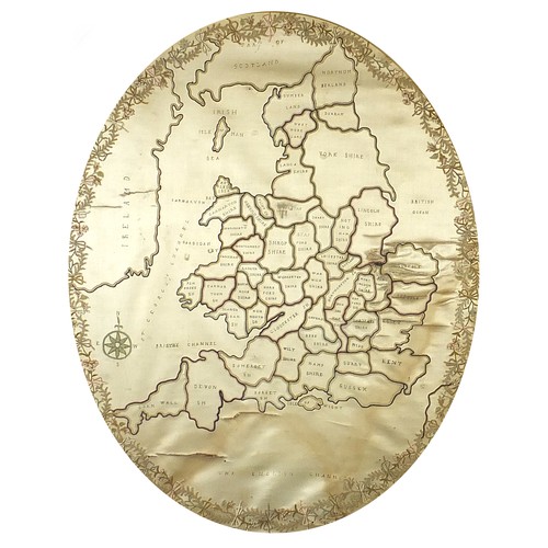 938 - Antique silk embroidered map of England, 55cm x 43cm excluding the mount and frame