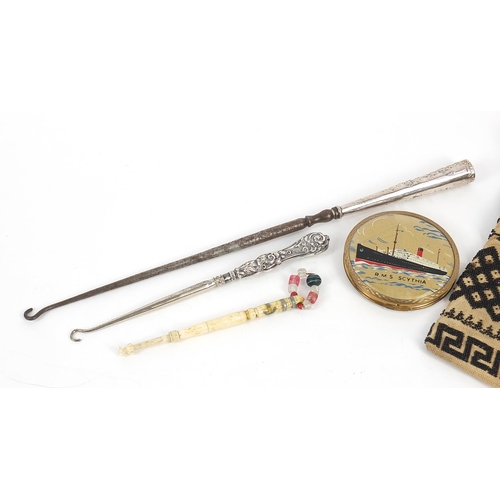 791 - Objects comprising two silver handled button hooks, beadwork miser's purse, bone bobbin and shipping... 