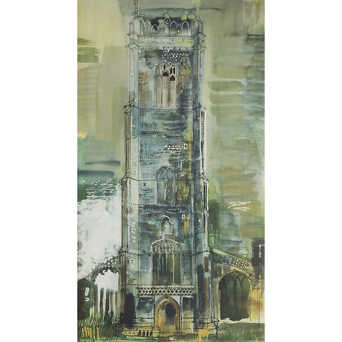 877 - After John Piper - Walberswick Tower 1958, vintage print in colour, mounted, framed and glazed, 68.5... 