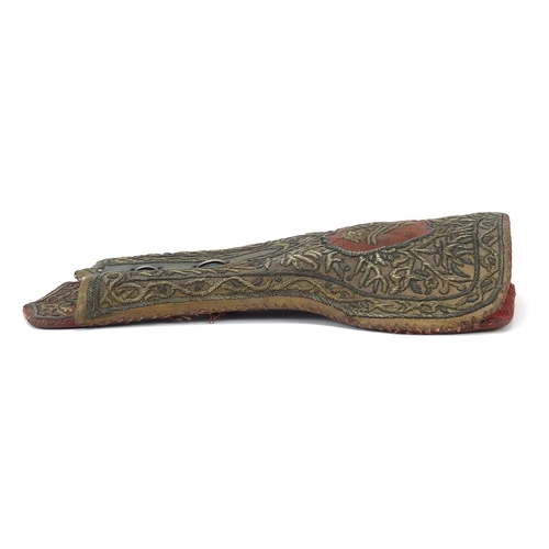 228 - Turkish leather gun case embroidered with foliage and calligraphy, possibly Ottoman, 40cm in length