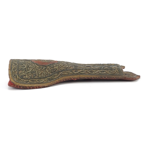 228 - Turkish leather gun case embroidered with foliage and calligraphy, possibly Ottoman, 40cm in length