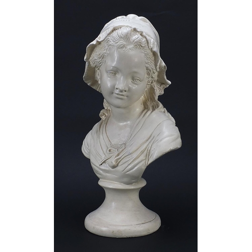 1050 - Antique style plaster bust of a young female wearing a bonnet, 45cm high