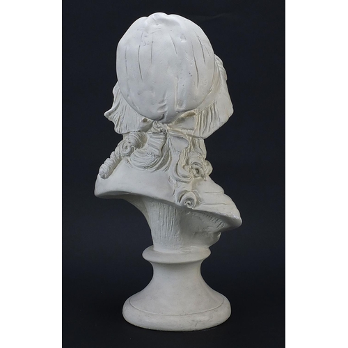 1050 - Antique style plaster bust of a young female wearing a bonnet, 45cm high