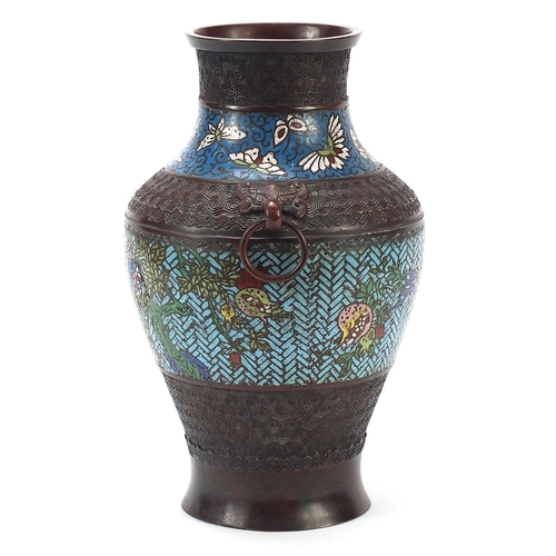 474 - Chinese cloisonné bronze archaic design vase with animalia ring turned handles, 29.5cm high