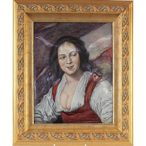 516 - R Blancher for Limoges, French enamel panel hand painted with a female, mounted and framed, 24cm x 2... 