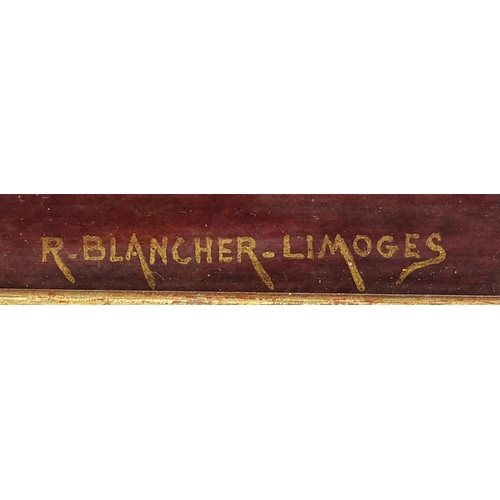 516 - R Blancher for Limoges, French enamel panel hand painted with a female, mounted and framed, 24cm x 2... 