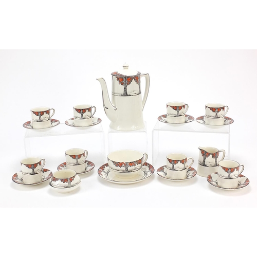 509 - Crown Ducal, Art Deco Tall Trees eight place coffee service and a teacup with saucer, the coffee pot... 