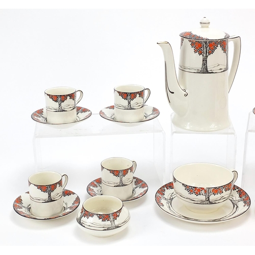 509 - Crown Ducal, Art Deco Tall Trees eight place coffee service and a teacup with saucer, the coffee pot... 