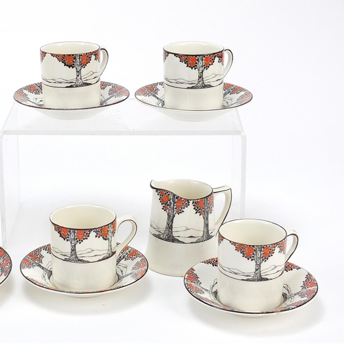 509 - Crown Ducal, Art Deco Tall Trees eight place coffee service and a teacup with saucer, the coffee pot... 