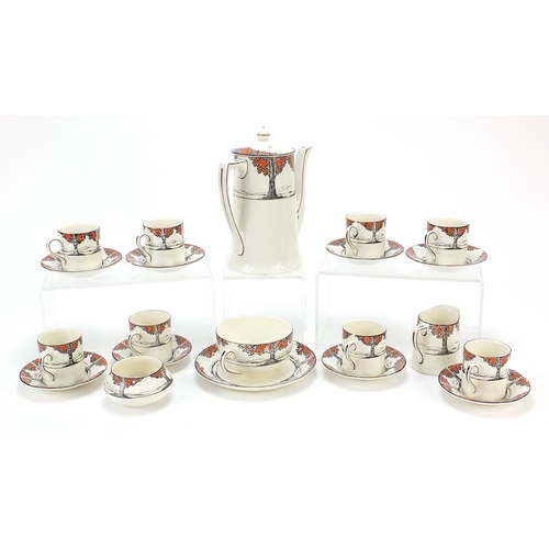 509 - Crown Ducal, Art Deco Tall Trees eight place coffee service and a teacup with saucer, the coffee pot... 