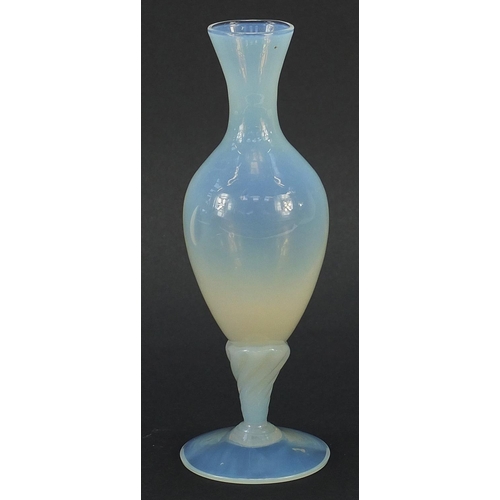 81 - 19th century vaseline glass vase with writhen stem, 18cm high