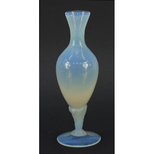 81 - 19th century vaseline glass vase with writhen stem, 18cm high