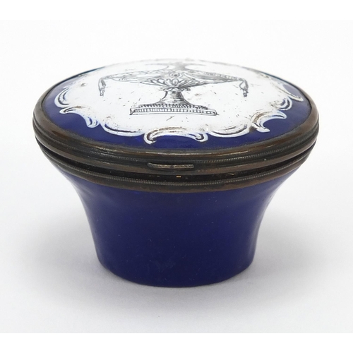 24 - 18th century Bilston enamel patch box hand painted with a classical urn, 4.5cm in diameter