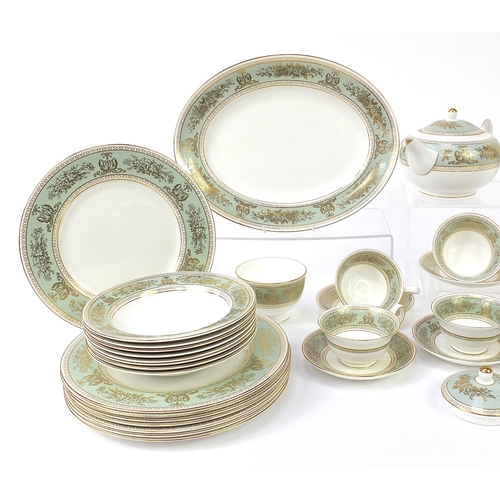 1097 - Wedgwood Gold Columbia sage green dinner and teaware including teapot, gravy boat on stand, meat pla... 