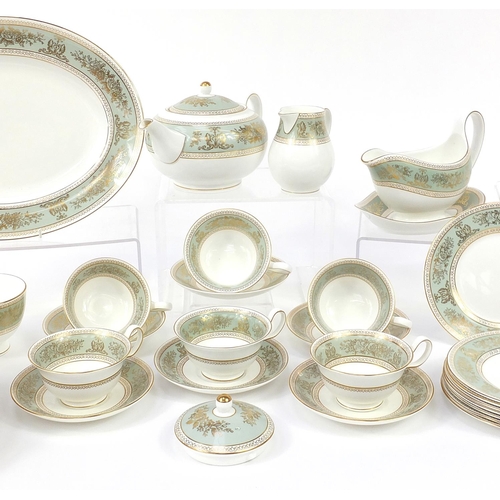 1097 - Wedgwood Gold Columbia sage green dinner and teaware including teapot, gravy boat on stand, meat pla... 