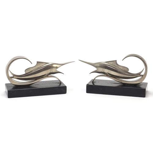 522 - Pair of French Art Deco black slate and silvered metal swordfish bookends, each 18cm in length