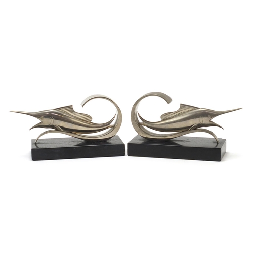 522 - Pair of French Art Deco black slate and silvered metal swordfish bookends, each 18cm in length