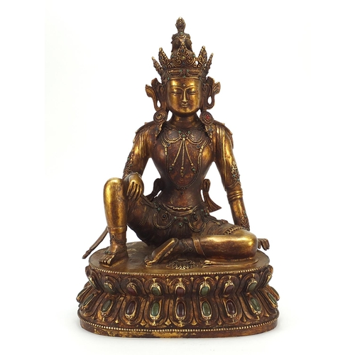 935 - Large Chino Tibetan gild bronze figure of jewelled Buddha with cabochons, impressed character marks ... 