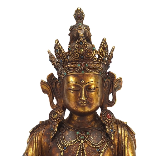 935 - Large Chino Tibetan gild bronze figure of jewelled Buddha with cabochons, impressed character marks ... 