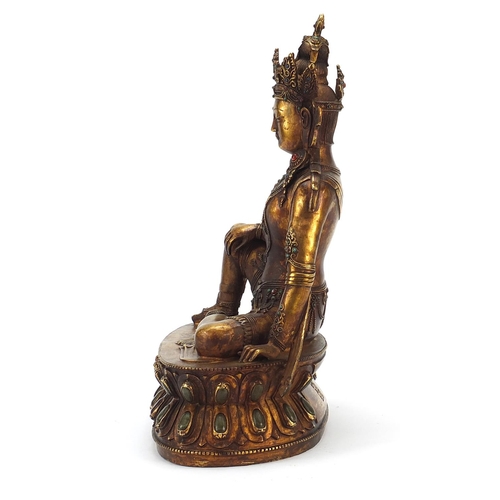 935 - Large Chino Tibetan gild bronze figure of jewelled Buddha with cabochons, impressed character marks ... 