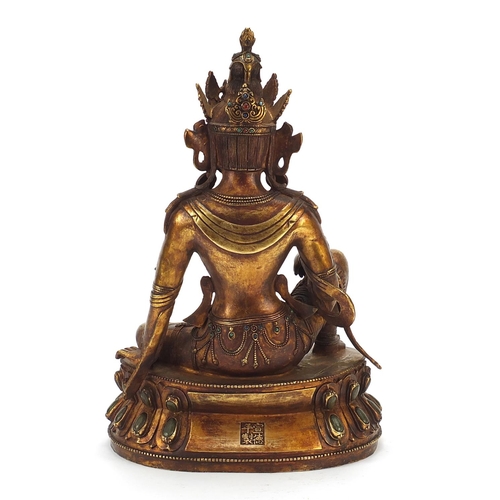 935 - Large Chino Tibetan gild bronze figure of jewelled Buddha with cabochons, impressed character marks ... 