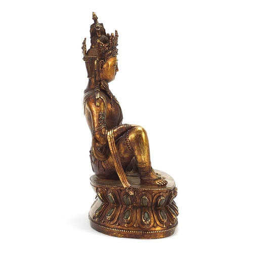 935 - Large Chino Tibetan gild bronze figure of jewelled Buddha with cabochons, impressed character marks ... 