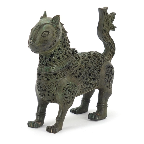 402 - Islamic Verdigris bronze mythical animal incense burner with articulated head, 18cm in length