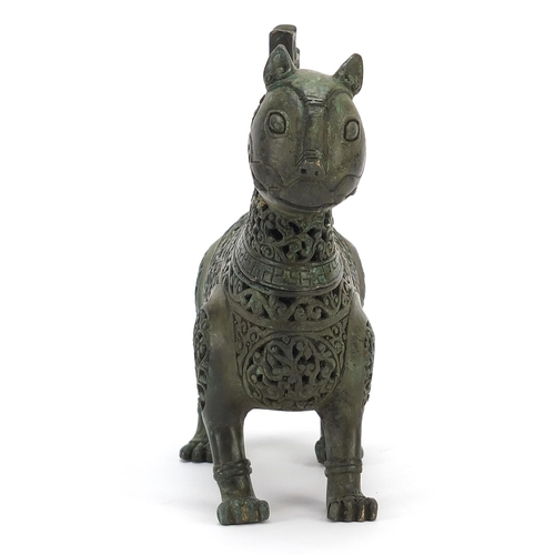 402 - Islamic Verdigris bronze mythical animal incense burner with articulated head, 18cm in length