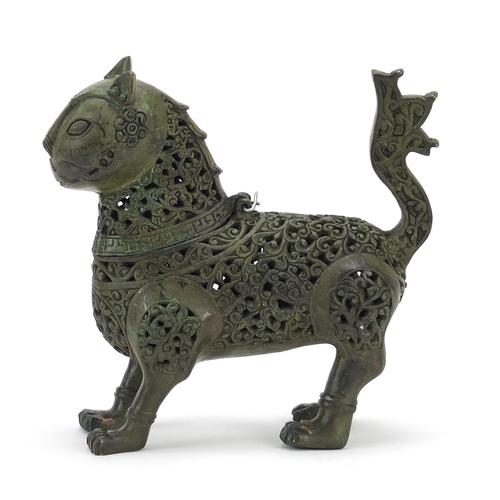 402 - Islamic Verdigris bronze mythical animal incense burner with articulated head, 18cm in length