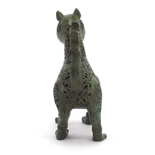 402 - Islamic Verdigris bronze mythical animal incense burner with articulated head, 18cm in length