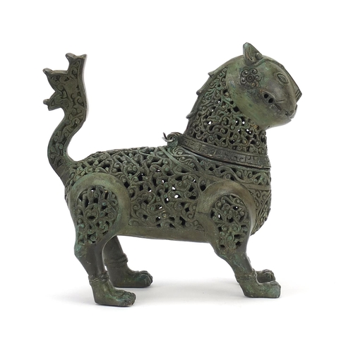 402 - Islamic Verdigris bronze mythical animal incense burner with articulated head, 18cm in length