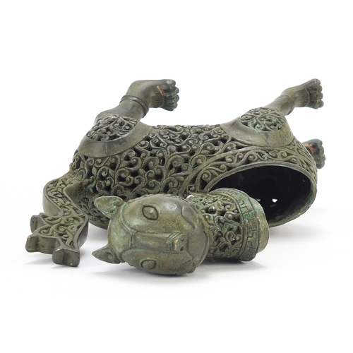 402 - Islamic Verdigris bronze mythical animal incense burner with articulated head, 18cm in length