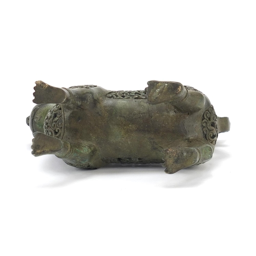 402 - Islamic Verdigris bronze mythical animal incense burner with articulated head, 18cm in length