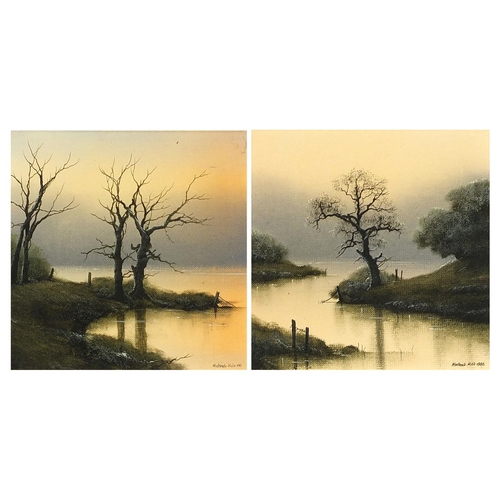 164 - Michael Hill 1986 - Trees beside water, pair of oil on boards, mounted and framed, each 16.5cm x 16.... 