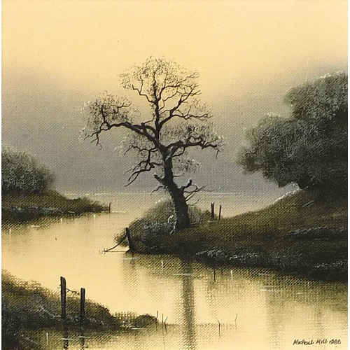 164 - Michael Hill 1986 - Trees beside water, pair of oil on boards, mounted and framed, each 16.5cm x 16.... 